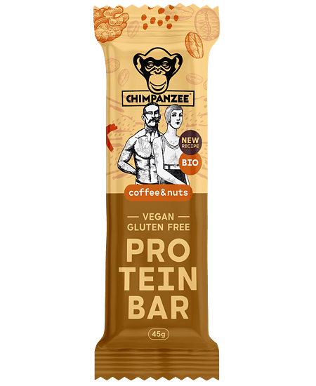 Barre protéinée bio Chimpanzee sans gluten et riche en fibres, idéale pour compléter facilement l’apport en énergie et en protéines.
